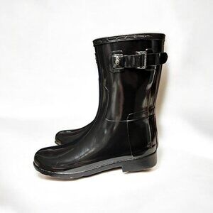 🌻NEW w/Box Hunter Original Black Gloss Short Refined Wellington Rain Boots sz 8